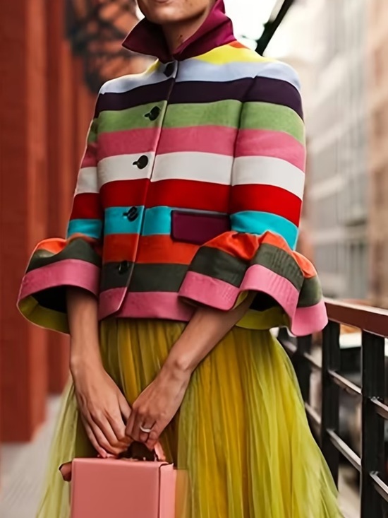 Jackets & Blazers - Women's Retro Multi-colored Striped Lapel Elegant Jacket with Bell Sleeves